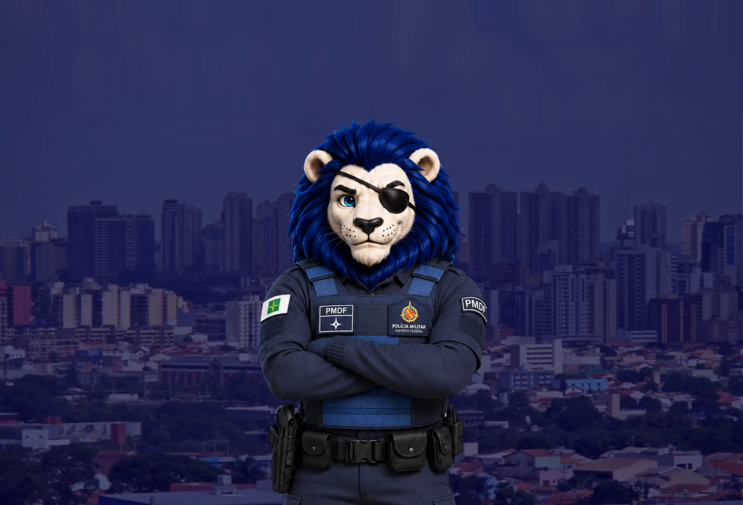Leão mascote da Caverna Militar fardado como policial militar do Distrito Federal, de braços cruzados, com a Esplanada dos Ministérios ao fundo