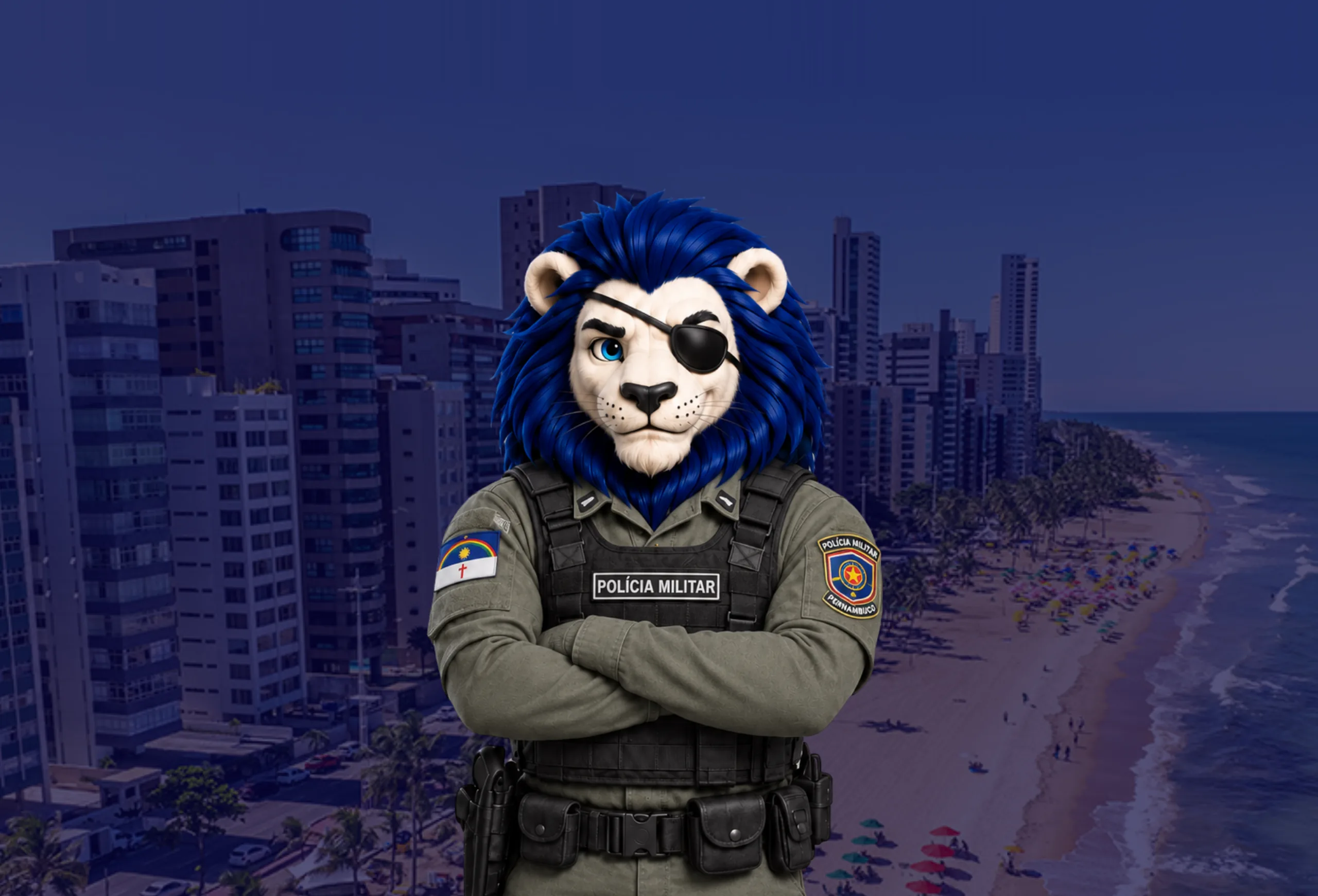 Leão mascote fardado da Polícia Militar de Pernambuco, de braços cruzados, sobre a cidade do Recife