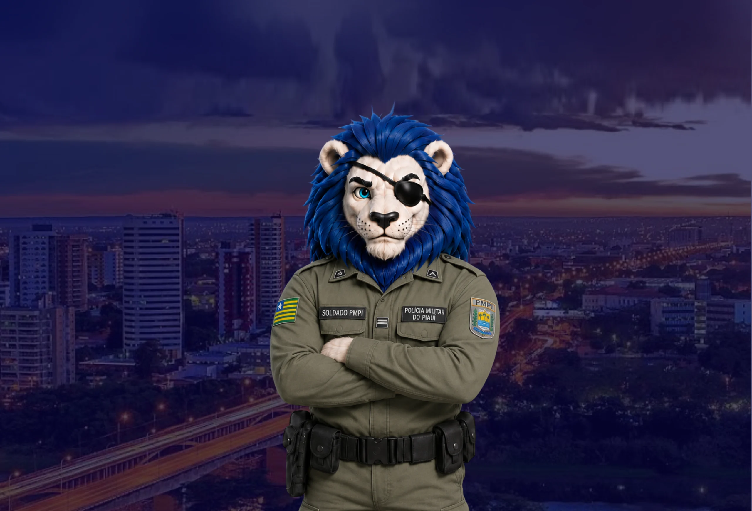 Leão mascote fardado da Polícia Militar do Estado do Piauí, de braços cruzados, sobre a cidade de Teresina