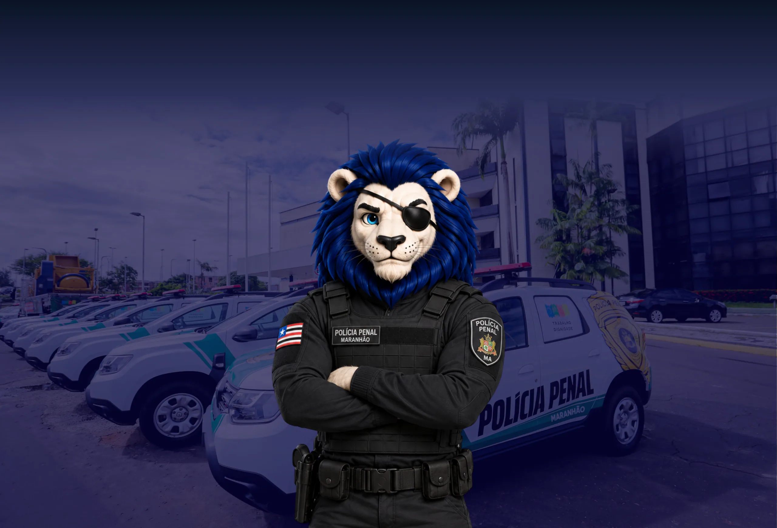 Leão mascote da Caverna Militar fardado como policial penal do Maranhão, de braços cruzados, diante de uma unidade prisional