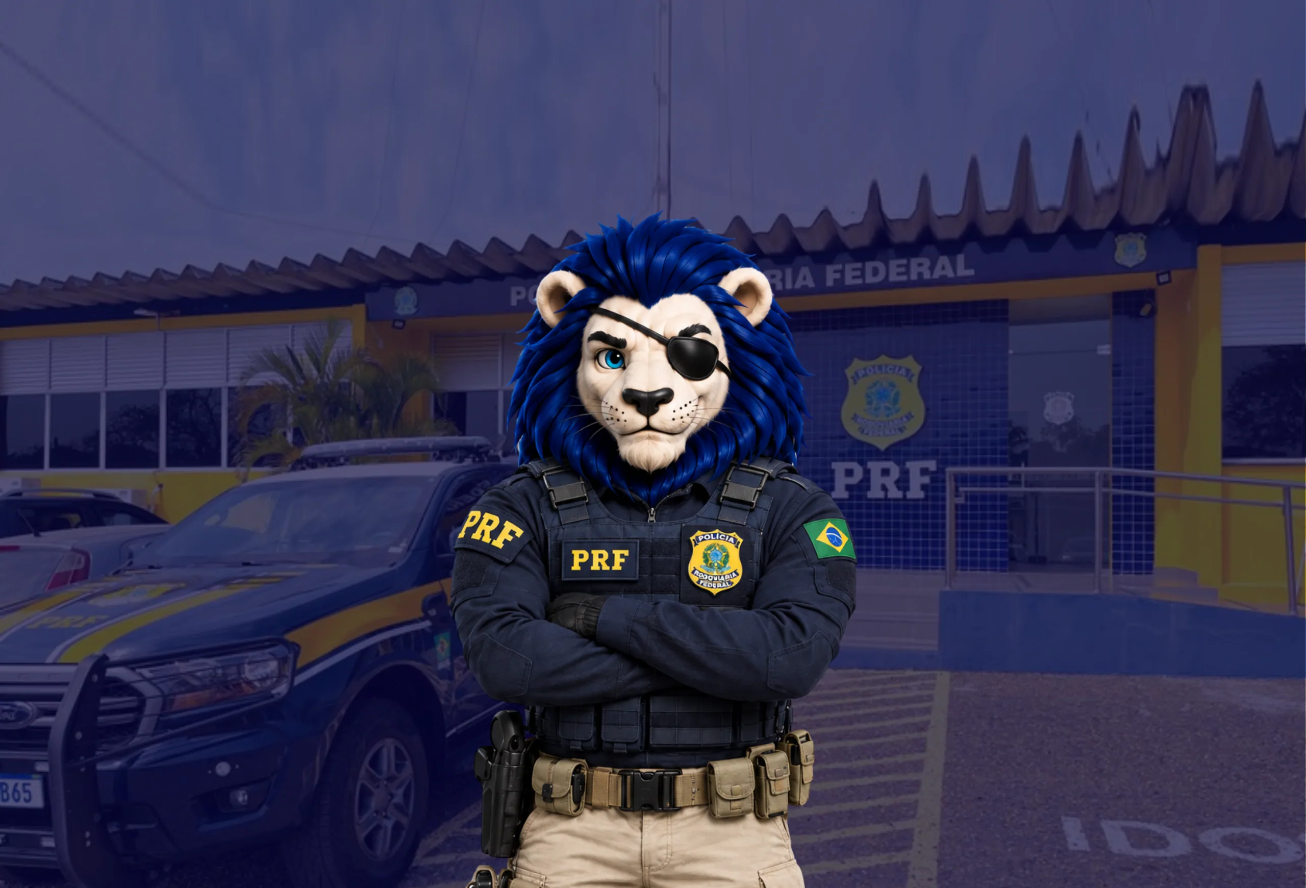 Leão mascote da Caverna Militar fardado como policial rodoviário federal, de braços cruzados, diante de uma viatura e de uma rodovia