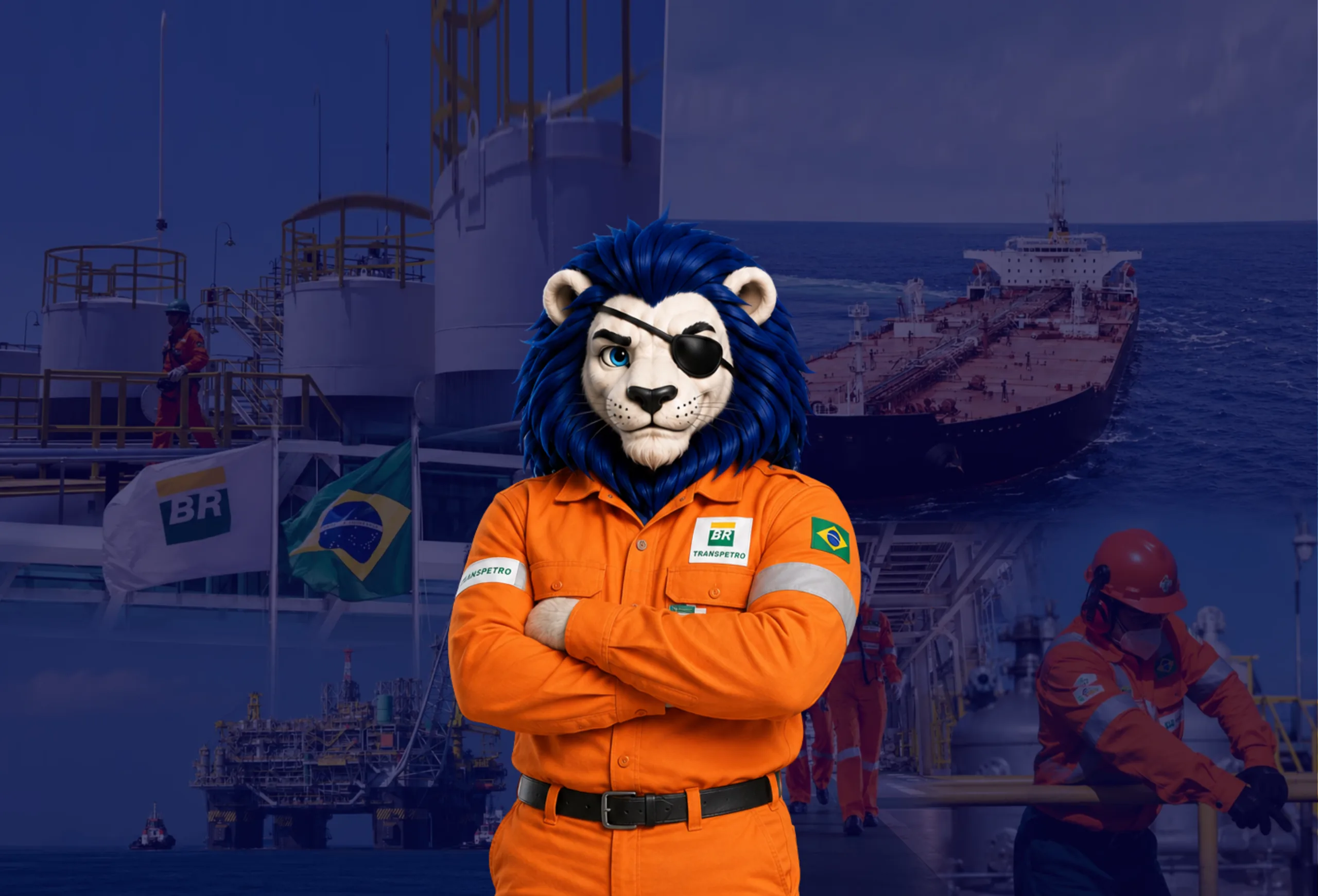 Leão mascote da Caverna Militar de macacão laranja da Transpetro, de braços cruzados, entre um terminal de tanques e um navio-tanque