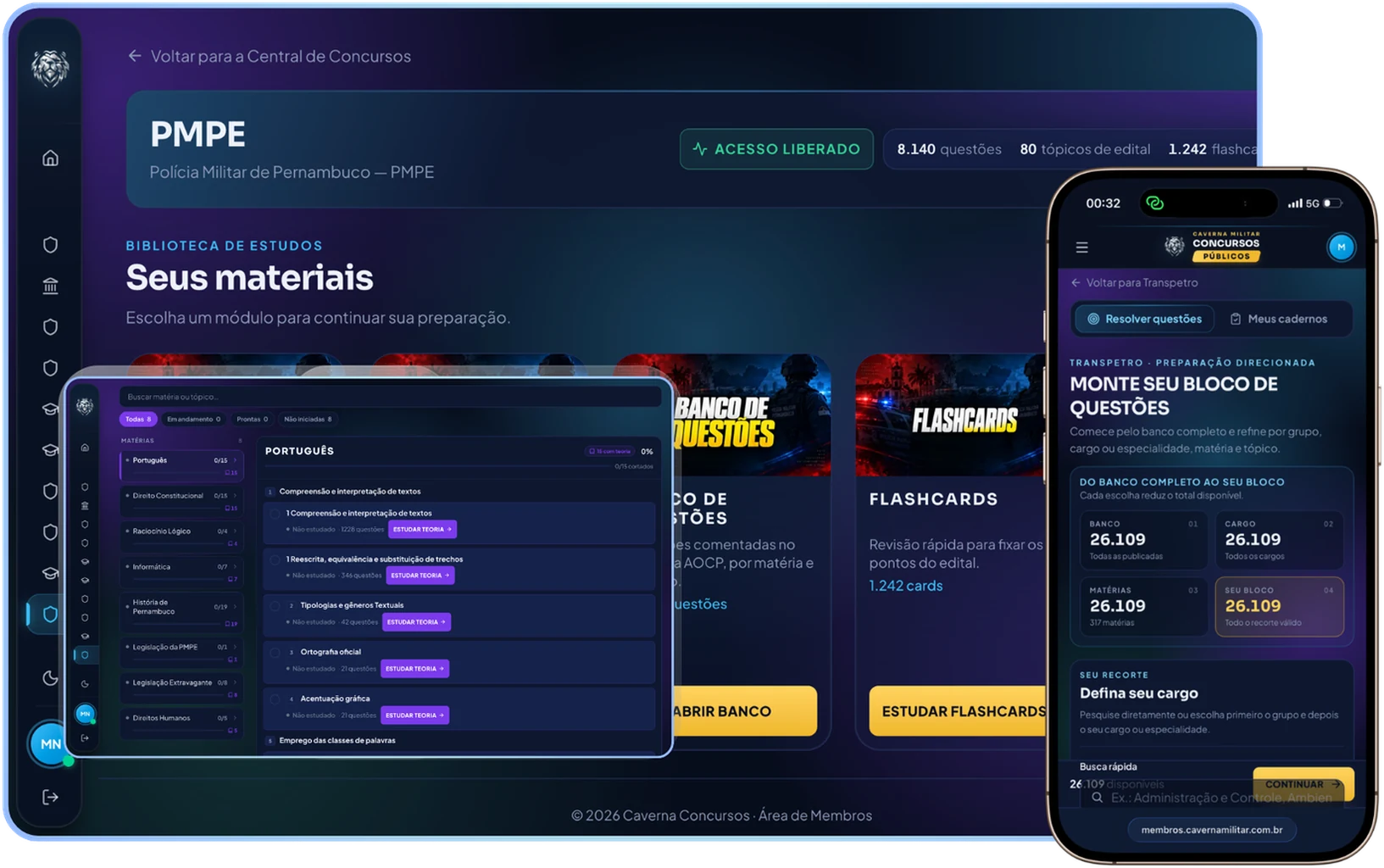 Plataforma de Treinamento PMPE aberta no computador e no celular