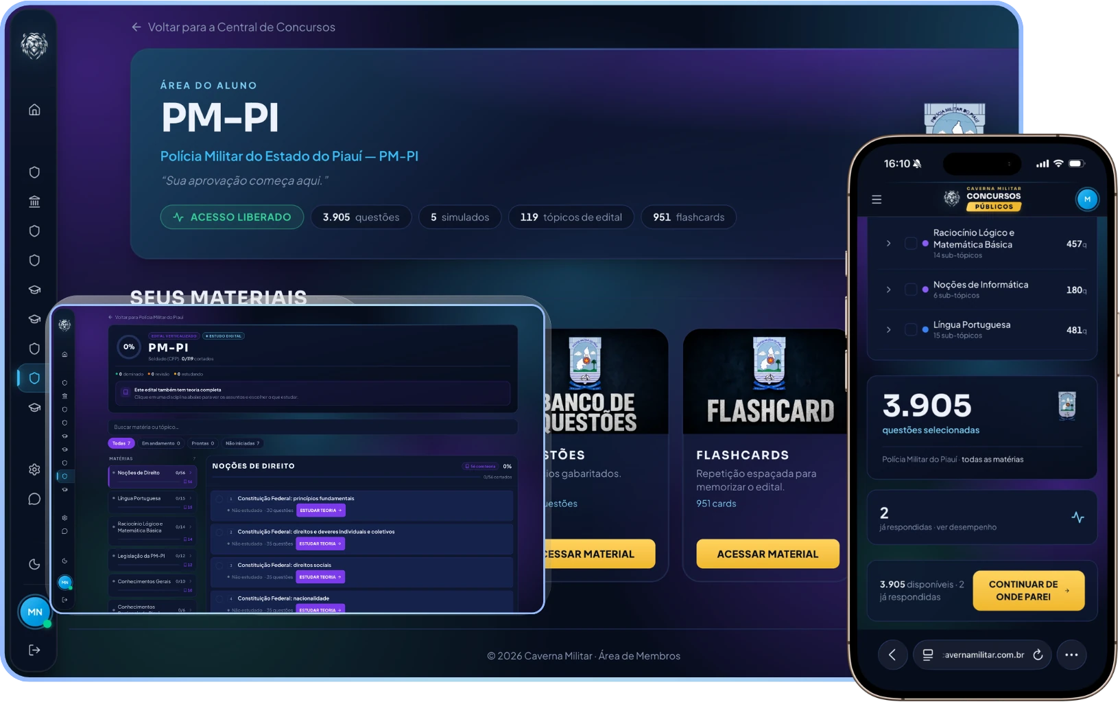 Plataforma de Treinamento PM-PI aberta no computador e no celular
